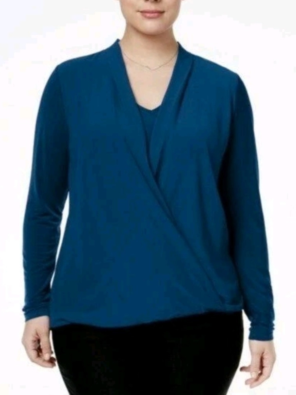 Alfani Dark Teal Blue Wrap-Front Long-Sleeve Hi Low Blouse- Sz 1X